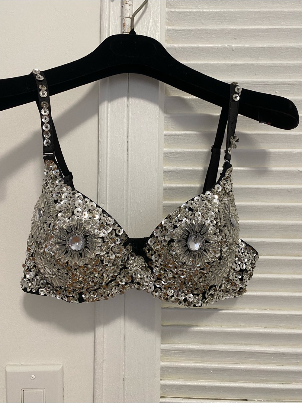 Silver Sequin Embellished Bra with Crystal Medallions